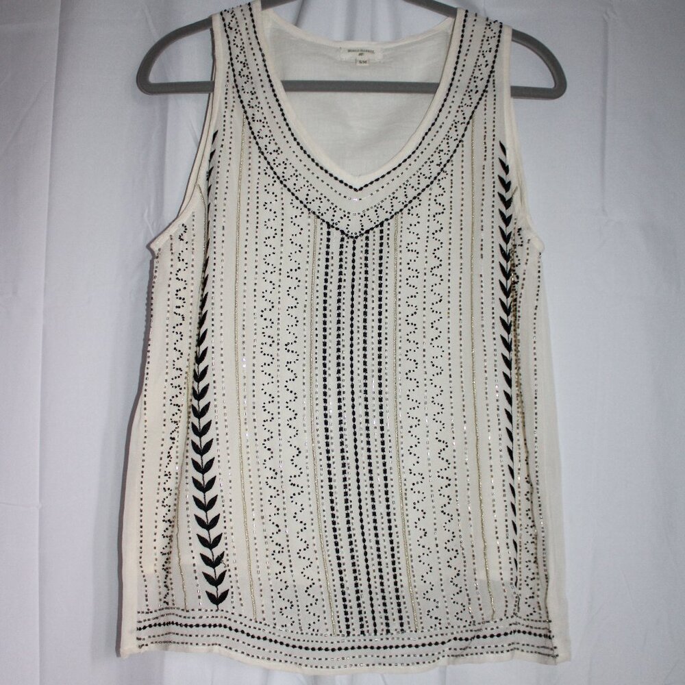 World Market Sheer White Beaded and Embroidered Tank Top S/M Black Silver